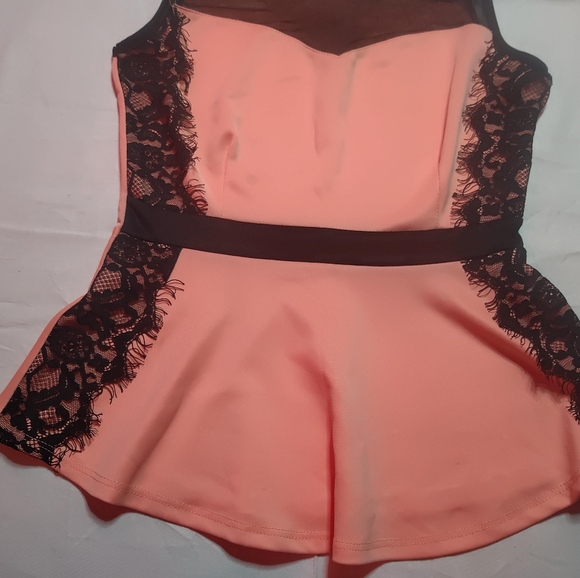 Danbee Tank Top Women's Small Pink Black Lace Sleeveless Round Neck Peplum Shirt - Picture 6 of 11